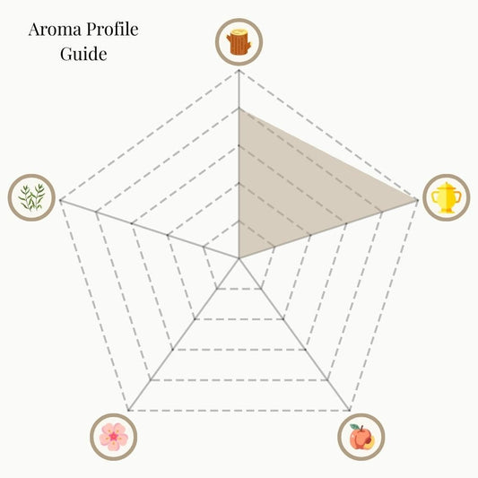 A radar chart titled 'Aroma Profile Guide' for Ambergris Whisper incense. The five categories are: Woody & Earthy (top), Mystical & Warm (top right), Sweet & Fruity (bottom right), Floral (bottom left), and Herbal & Minty (top left). The shaded area highlights strong Mystical & Warm notes with moderate Woody & Earthy, while the other categories are minimal.
