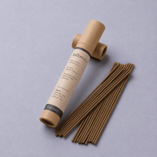 Lavender incense sticks named ‘deep dream’ packed in an incense kraft paper tube labeled 'inflowence' on a blue background