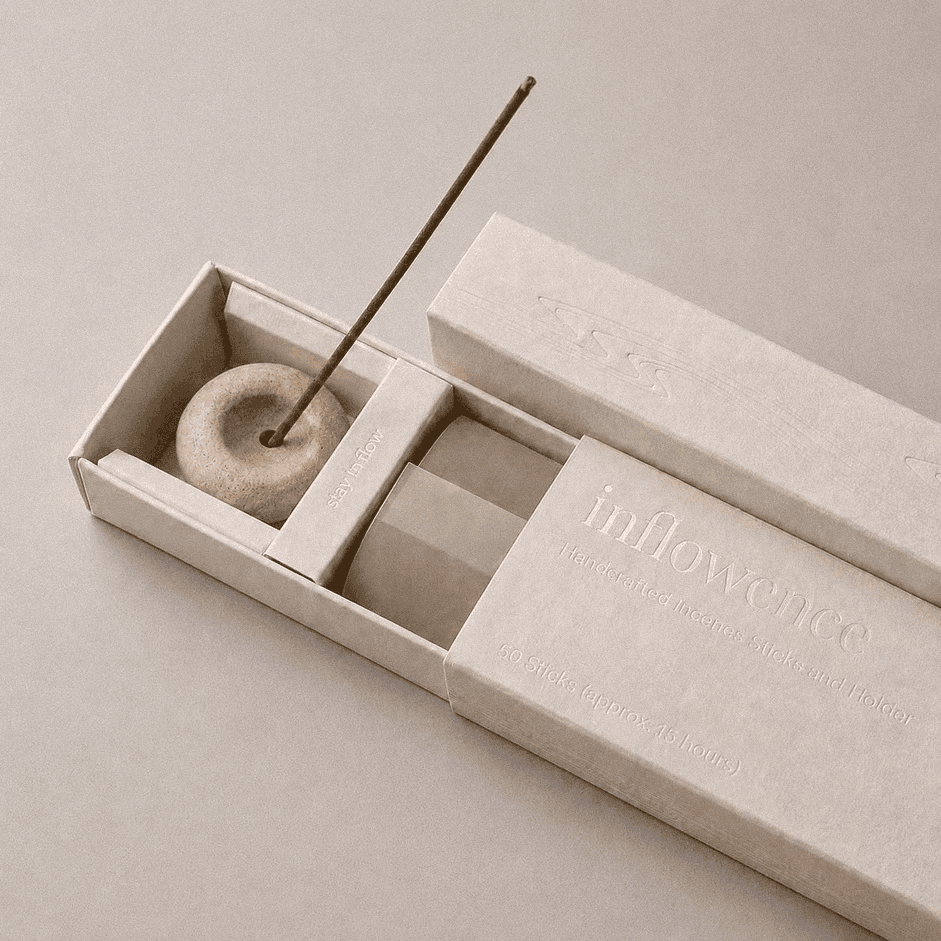 Close-up of an open inflowence incense box with a ceramic holder and a lit incense stick on a purple background.