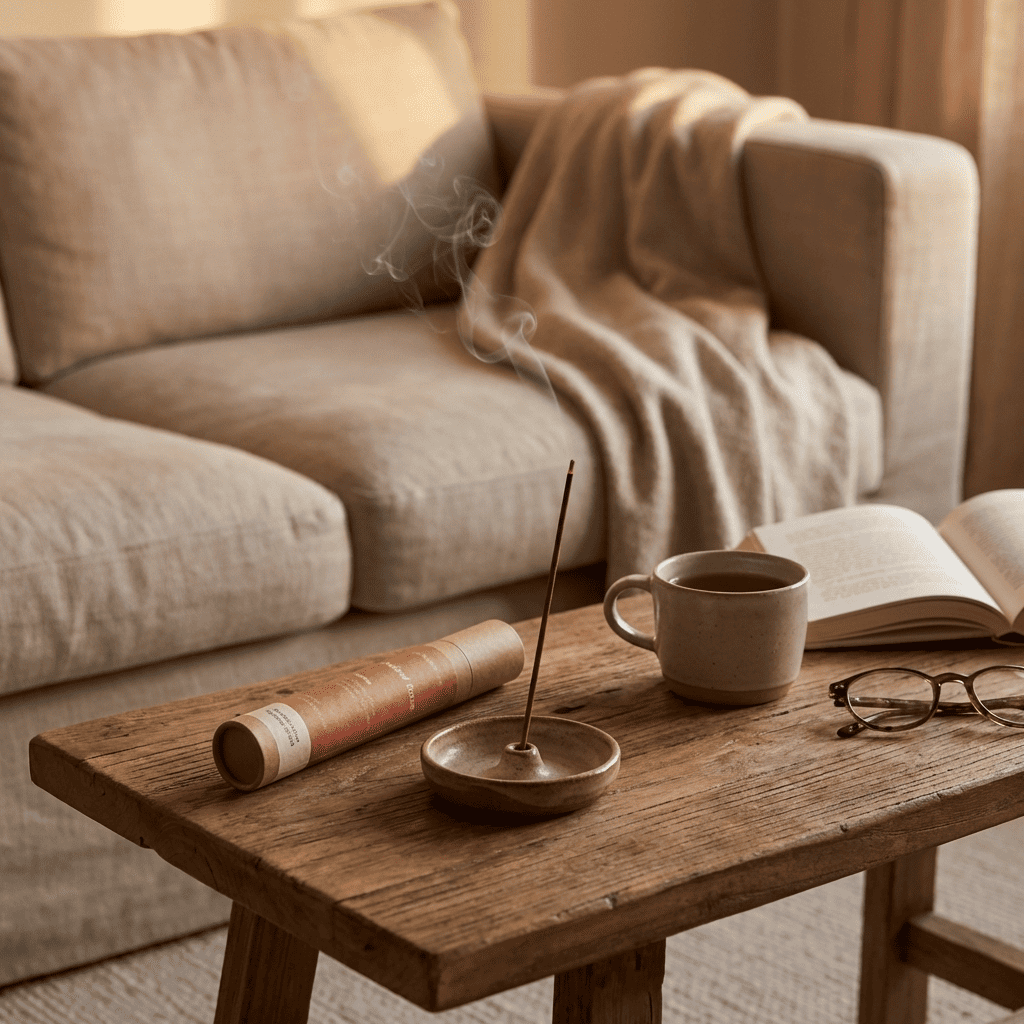 inflowence Naked Rose rose incense with a lit incense stick and soft smoke on a wooden table, styled with tea and a book in a warm, relaxing living space