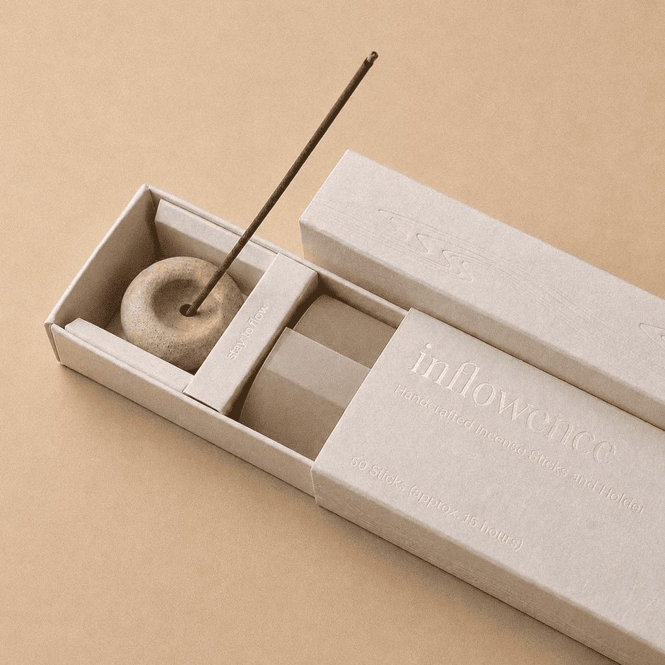 Close-up of an open inflowence incense box with a ceramic holder and a lit incense stick on an orange background.