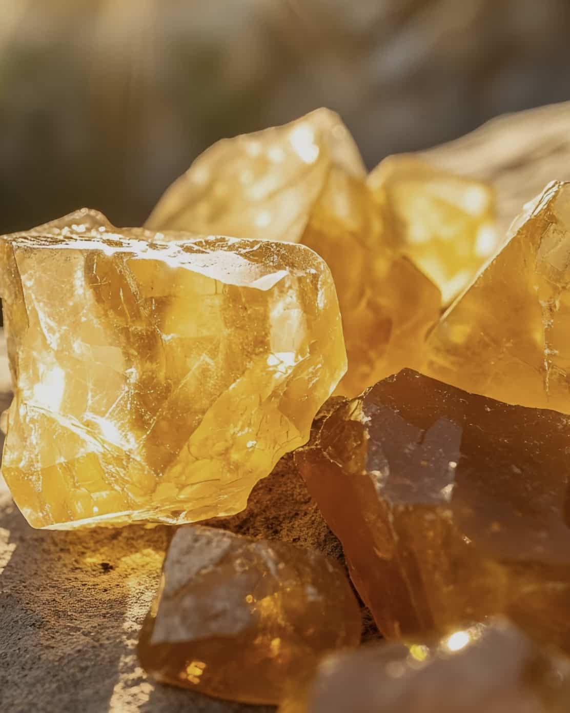 A close-up of several translucent, golden-yellow resinous pieces on a stone surface, lit by sunlight, guiding you toward a peaceful, centered mindset during rituals and moments of deep reflection.