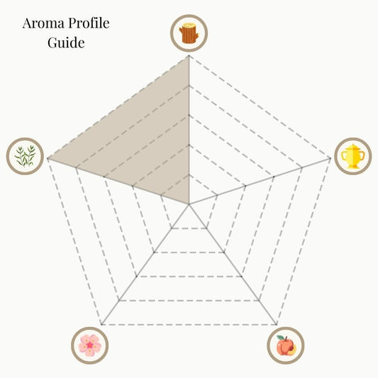 A radar chart titled 'Aroma Profile Guide' for the Sacred Aura Trio set. The five categories are: Woody & Earthy (top), Mystical & Warm (top right), Sweet & Fruity (bottom right), Floral (bottom left), and Herbal & Minty (top left). The shaded area shows a strong emphasis on Woody & Earthy, balanced with Herbal & Minty, while Mystical & Warm, Floral, and Sweet & Fruity remain minimal.
