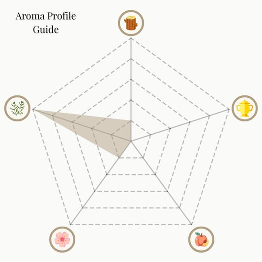 A radar chart titled 'Aroma Profile Guide' for White Sage Purity incense. The five categories are: Woody & Earthy (top), Mystical & Warm (top right), Sweet & Fruity (bottom right), Floral (bottom left), and Herbal & Minty (top left). The shaded area emphasizes a strong Herbal & Minty note, with moderate Woody & Earthy and light Floral, while Mystical & Warm and Sweet & Fruity remain minimal.