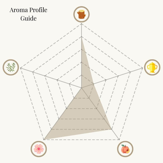 A radar chart titled 'Aroma Profile Guide' for Wildwood Retreat incense. The five categories are: Woody & Earthy (top), Mystical & Warm (top right), Sweet & Fruity (bottom right), Floral (bottom left), and Herbal & Minty (top left). The shaded area shows a strong presence of Woody & Earthy and Floral notes, with moderate Sweet & Fruity and light Mystical & Warm. Herbal & Minty remains minimal.