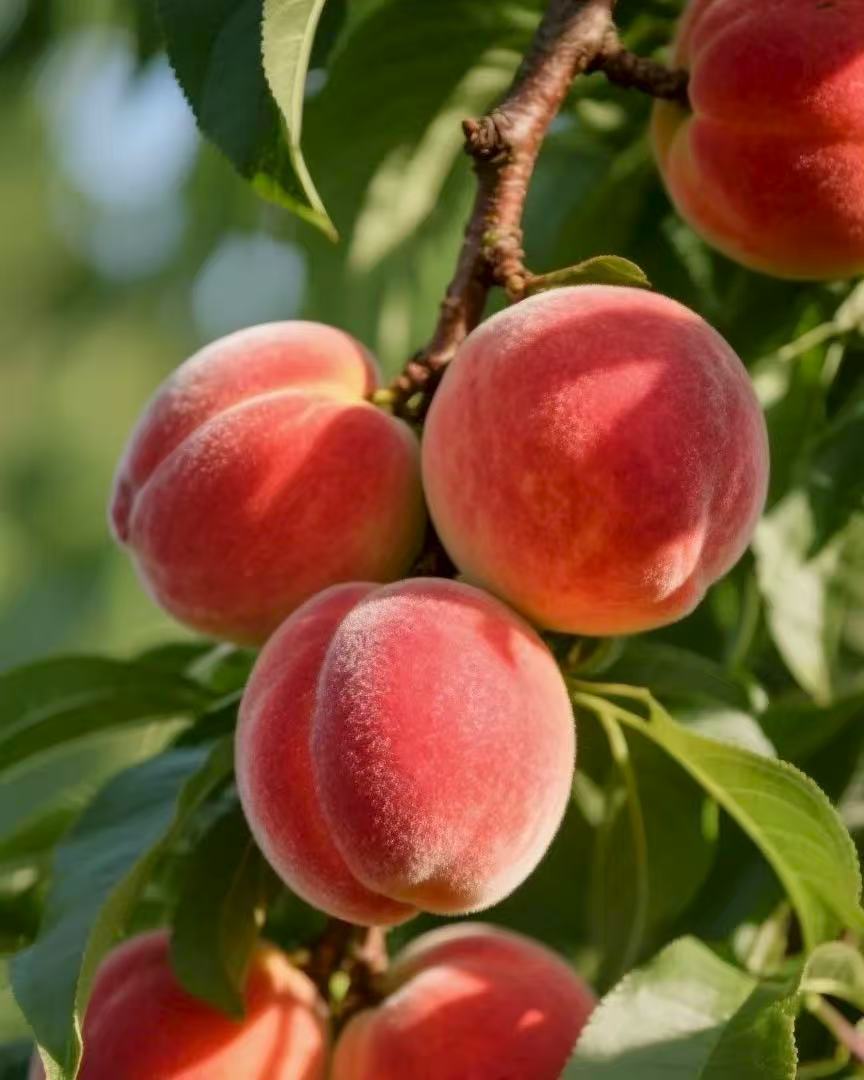 A close-up of several ripe peaches hanging from a branch on a sunny day. The fuzzy skin of the peaches is a vibrant mix of red and orange. The image suggests a scent that is juicy and bright, inspiring warmth, joy, and a welcoming atmosphere.