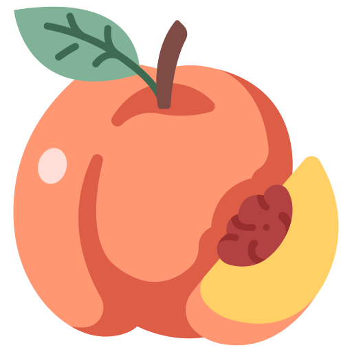 Flat design illustration of a peach fruit with a green leaf, a visible pit, and a sliced yellow section.