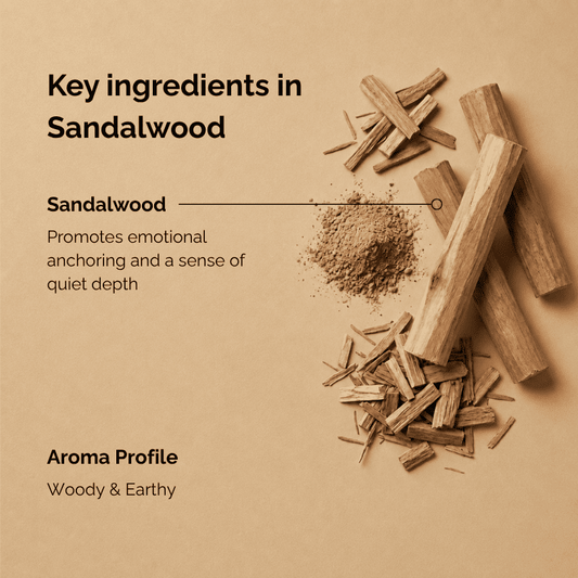 Key ingredients of sandalwood incense, featuring sandalwood sticks and finely ground sandalwood powder arranged on a warm neutral background, highlighting the woody and earthy aroma profile of this botanical incense.