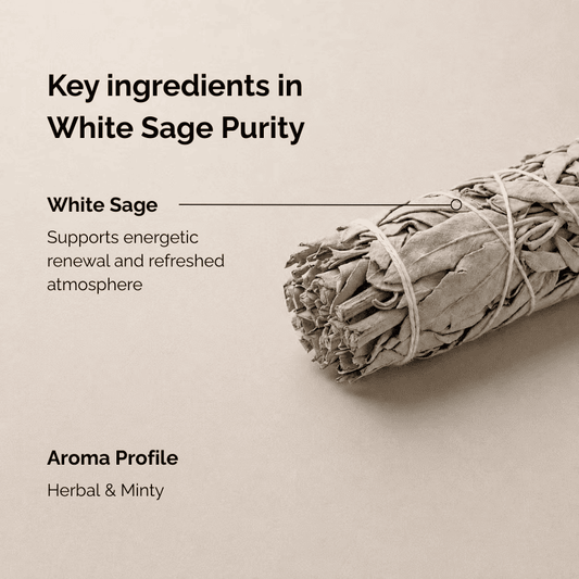 Key ingredients of white sage incense named “White Sage Purity”, featuring a bundled dried white sage smudge stick arranged on a soft neutral background, highlighting the herbal and minty aroma profile of this botanical incense.
