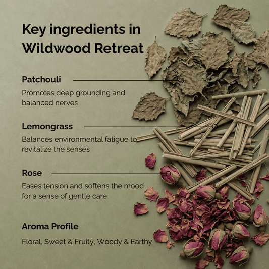Key ingredients of patchouli incense named “Wildwood Retreat”, featuring dried patchouli leaves, lemongrass, rose petals, and incense sticks arranged on a deep green background, highlighting the earthy, woody, and softly floral aroma profile of this botanical incense.