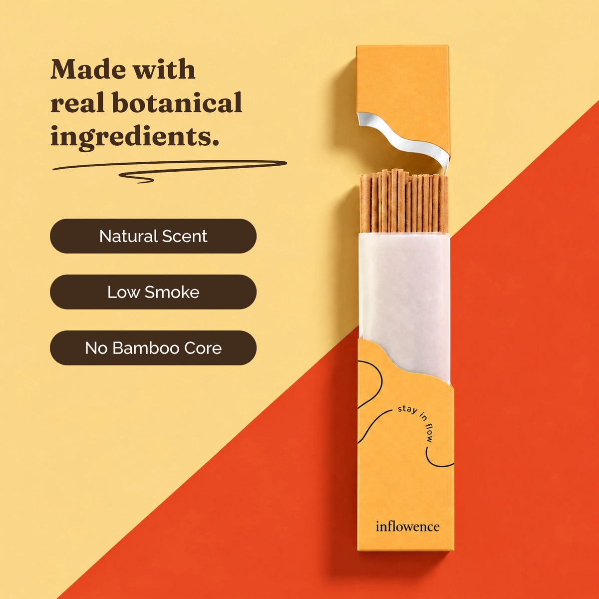 An open Petal & Nectar inner pack of Inflowence incense sticks with text reading “Made with real botanical ingredients” and three labels: Natural Scent, Low Smoke, No Bamboo Core.