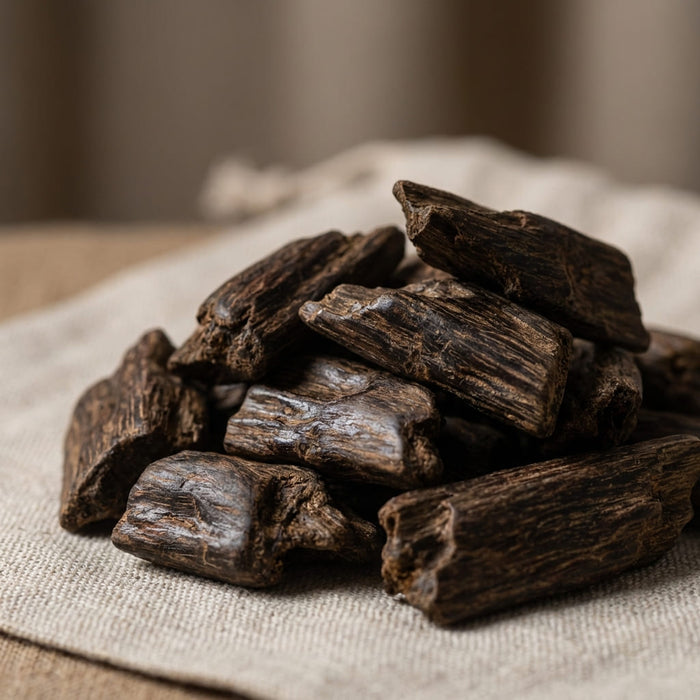 dark agarwood pieces with deep grain texture arranged on soft neutral fabric in warm light, a key ingredient used in inflowence rose incense and wood-based incense blends