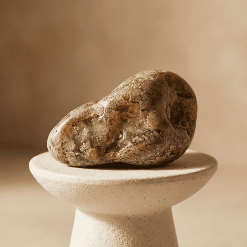 ambergris, a rare natural ingredient used in inflowence incense, shown as a textured resin piece on a ceramic stand in warm, minimalist lighting