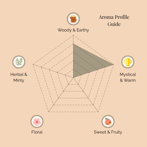 A radar chart titled 'Aroma Profile Guide' for Ambergris Whisper incense. The five categories are: Woody & Earthy (top), Mystical & Warm (top right), Sweet & Fruity (bottom right), Floral (bottom left), and Herbal & Minty (top left). The shaded area highlights strong Mystical & Warm notes with moderate Woody & Earthy, while the other categories are minimal.