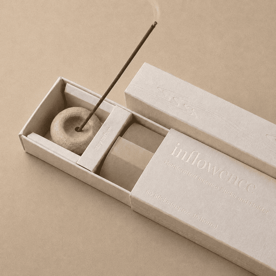 Close-up of an open inflowence incense box with a ceramic holder and a lit incense stick on a brown background.