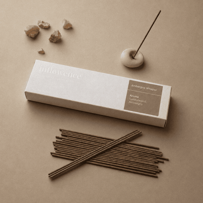 Ambergris incense sticks named ‘ambergris whisper’ packed in an incense box labeled 'inflowence' on a beige background