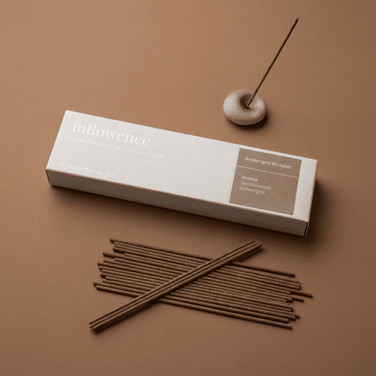 Ambergris incense sticks named ‘ambergris whisper’ packed in an incense box labeled 'inflowence' on a beige background