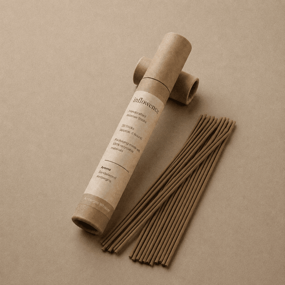 Ambergris incense sticks named ‘ambergris whisper’ packed in an incense kraft paper tube labeled 'inflowence' on a brown background
