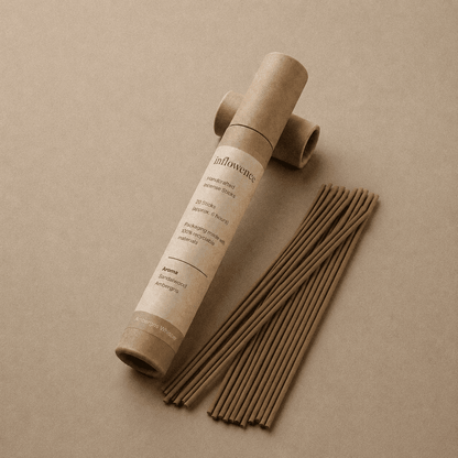 Ambergris incense sticks named ‘ambergris whisper’ packed in an incense kraft paper tube labeled 'inflowence' on a brown background