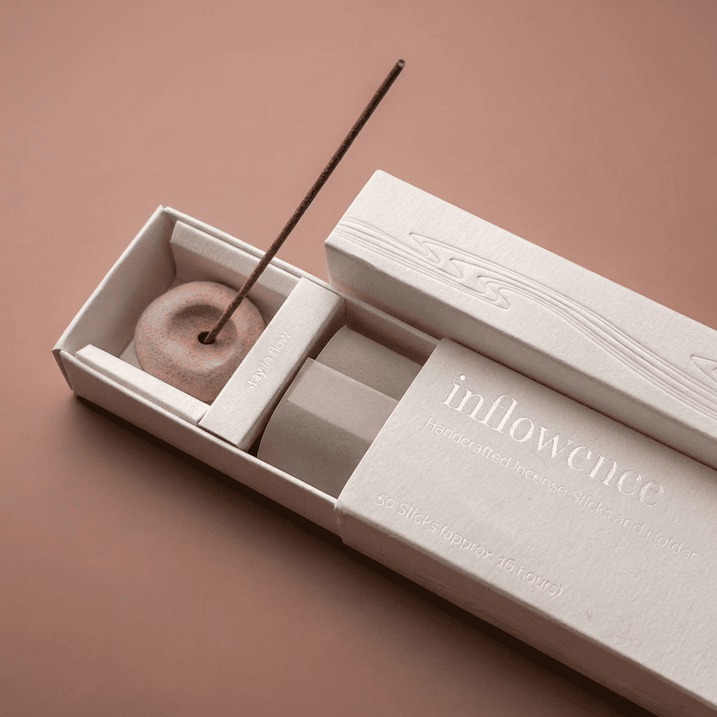 Close-up of an open inflowence incense box with a ceramic holder and a lit incense stick on a red background.