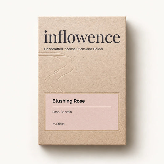 Blushing Rose charcoal-free incense sticks by Inflowence in an eco kraft box of 75 sticks, with scent notes of rose and benzoin.