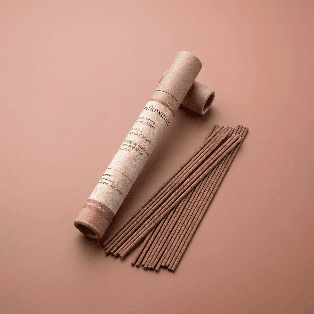 Rose incense sticks named ‘blushing rose’ packed in an incense kraft paper tube labeled 'inflowence' on a red background