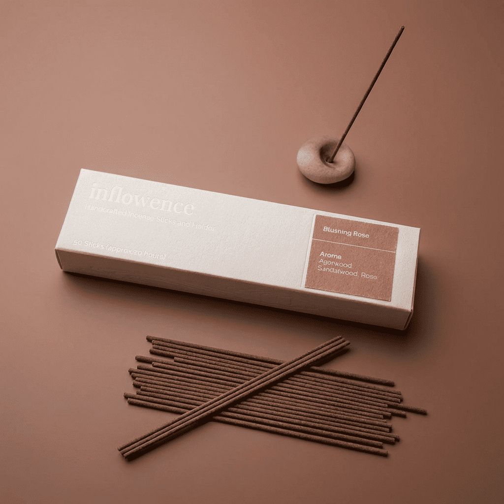 Rose incense sticks named ‘blushing rose’ packed in an incense box labeled 'inflowence' on a red background