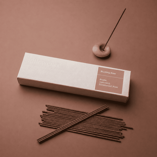 Rose incense sticks named ‘blushing rose’ packed in an incense box labeled 'inflowence' on a red background