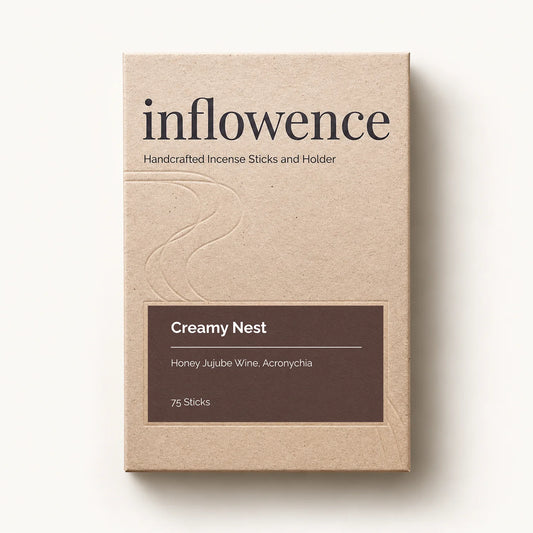 Creamy Nest charcoal-free incense sticks by Inflowence in an eco kraft box of 75 sticks, with scent notes of honey jujube wine and acronychia.