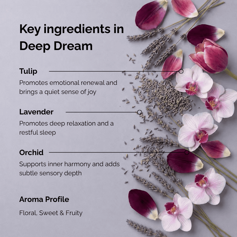 Key ingredients of lavender incense named “Deep Dream”, featuring tulip petals, dried lavender, and orchid flowers arranged on a deep blue background, highlighting the floral, sweet, and fruity aroma profile of this botanical incense.