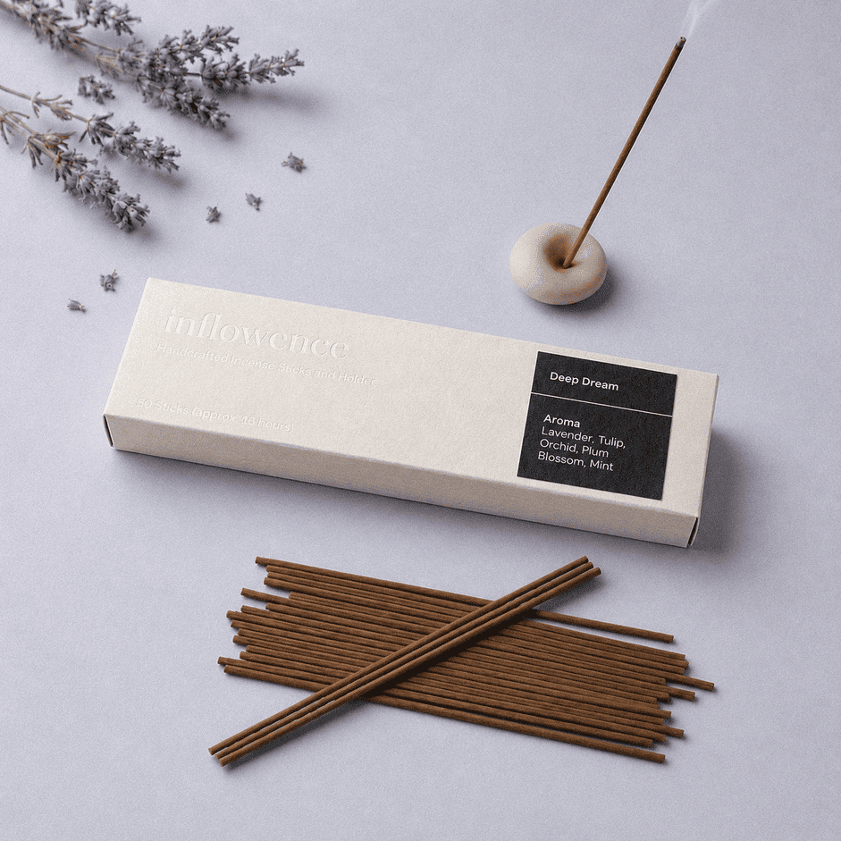 Lavender incense sticks named ‘deep dream’ packed in an incense  box labeled 'inflowence' on a dark blue background