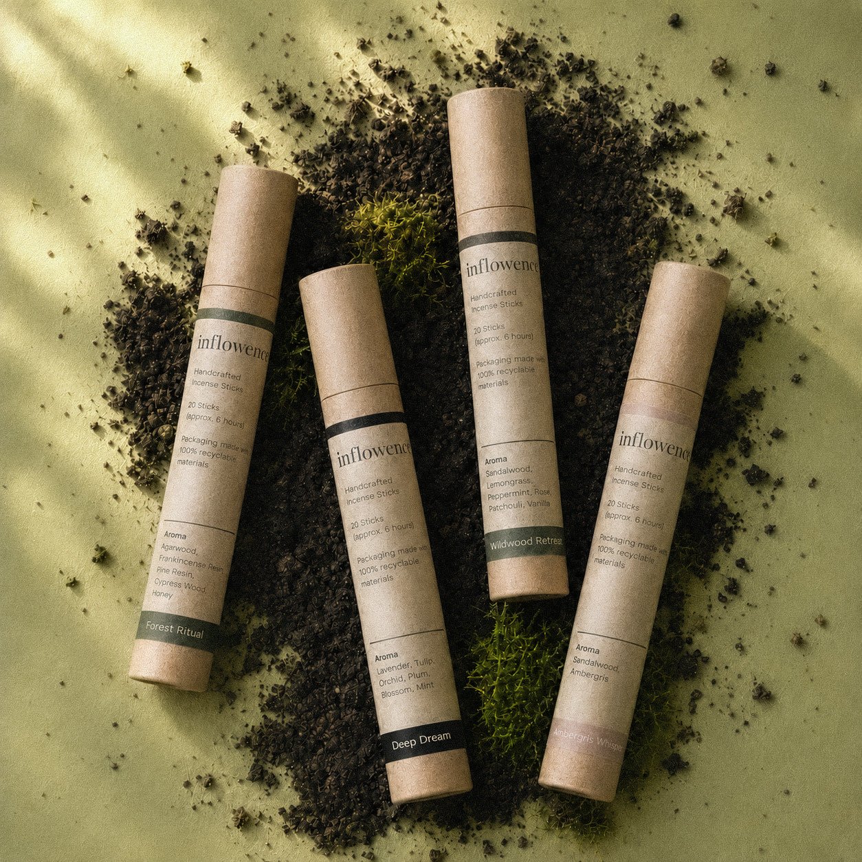 Earth-Toned Rituals – Incense Set featuring Ambergris Whisper, Deep Dream, Forest Ritual, and Wildwood Retreat incense tubes, arranged on a mossy green background with dark soil, natural light, and earthy textures, designed for evening decompression, meditation, breathwork, reflection, and grounding rituals for busy minds.