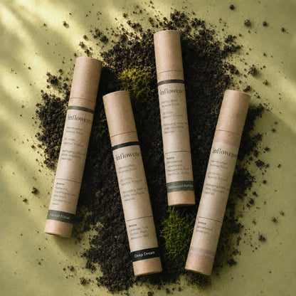 Earth-Toned Rituals – Incense Set featuring Ambergris Whisper, Deep Dream, Forest Ritual, and Wildwood Retreat incense tubes, arranged on a mossy green background with dark soil, natural light, and earthy textures, designed for evening decompression, meditation, breathwork, reflection, and grounding rituals for busy minds.