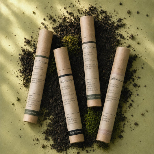 Earth-Toned Rituals – Incense Set featuring Ambergris Whisper, Deep Dream, Forest Ritual, and Wildwood Retreat incense tubes, arranged on a mossy green background with dark soil, natural light, and earthy textures, designed for evening decompression, meditation, breathwork, reflection, and grounding rituals for busy minds.