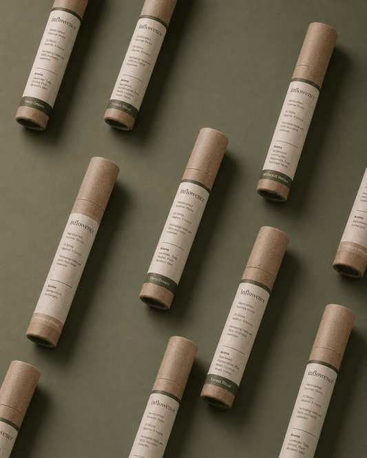 Four different incense named 'deep dream', 'wildwood retreat', 'forest ritual', 'ambergris whisper' labeled with 'inflowence' on the paper kraft tube in different color backgrounds.