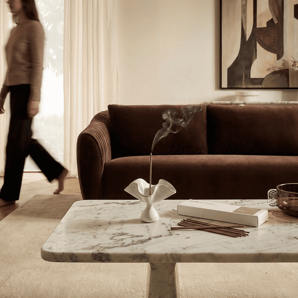 inflowence ceramic petal incense holder with a lit incense stick and drifting smoke on a marble table, with incense box and sticks in a warm, softly lit living room as a person walks by