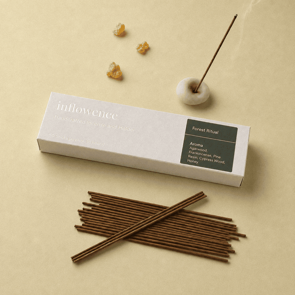 Frankincense incense sticks named ‘forest ritual’ packed in an incense box labeled 'inflowence' on a green background