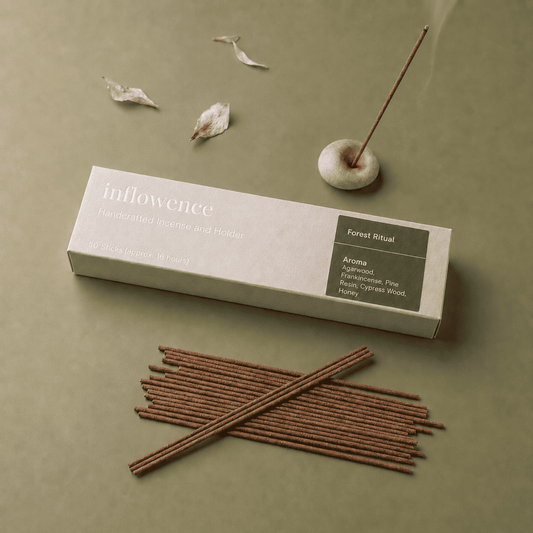 Frankincense incense sticks named ‘forest ritual’ packed in an incense box labeled 'inflowence' on a green background