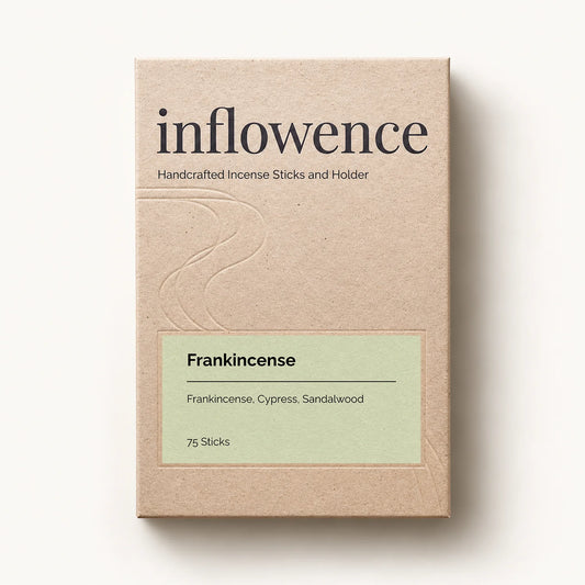Frankincense charcoal-free incense sticks by Inflowence in an eco kraft box of 75 sticks, with scent notes of frankincense, cypress and sandalwood.