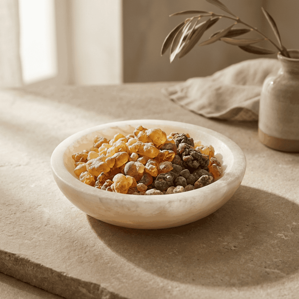 frankincense resin used in inflowence incense, displayed as natural golden and dark resin pieces in a stone bowl under warm natural light