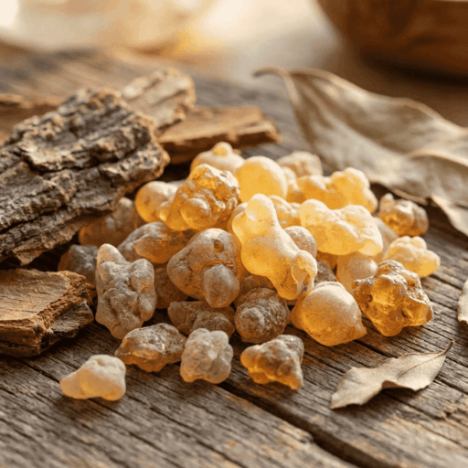golden and amber frankincense resin pieces with irregular shapes gathered in a rustic bowl under warm natural light, a key ingredient used in inflowence frankincense incense called 'Forest Ritual'.