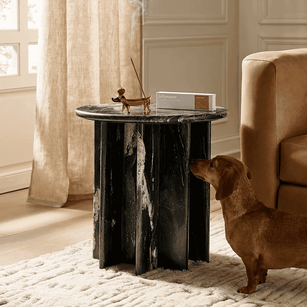Inflowence Apple Pup incense holder shaped like a dachshund on a black marble side table with an incense stick, styled in a warm, softly lit living space.