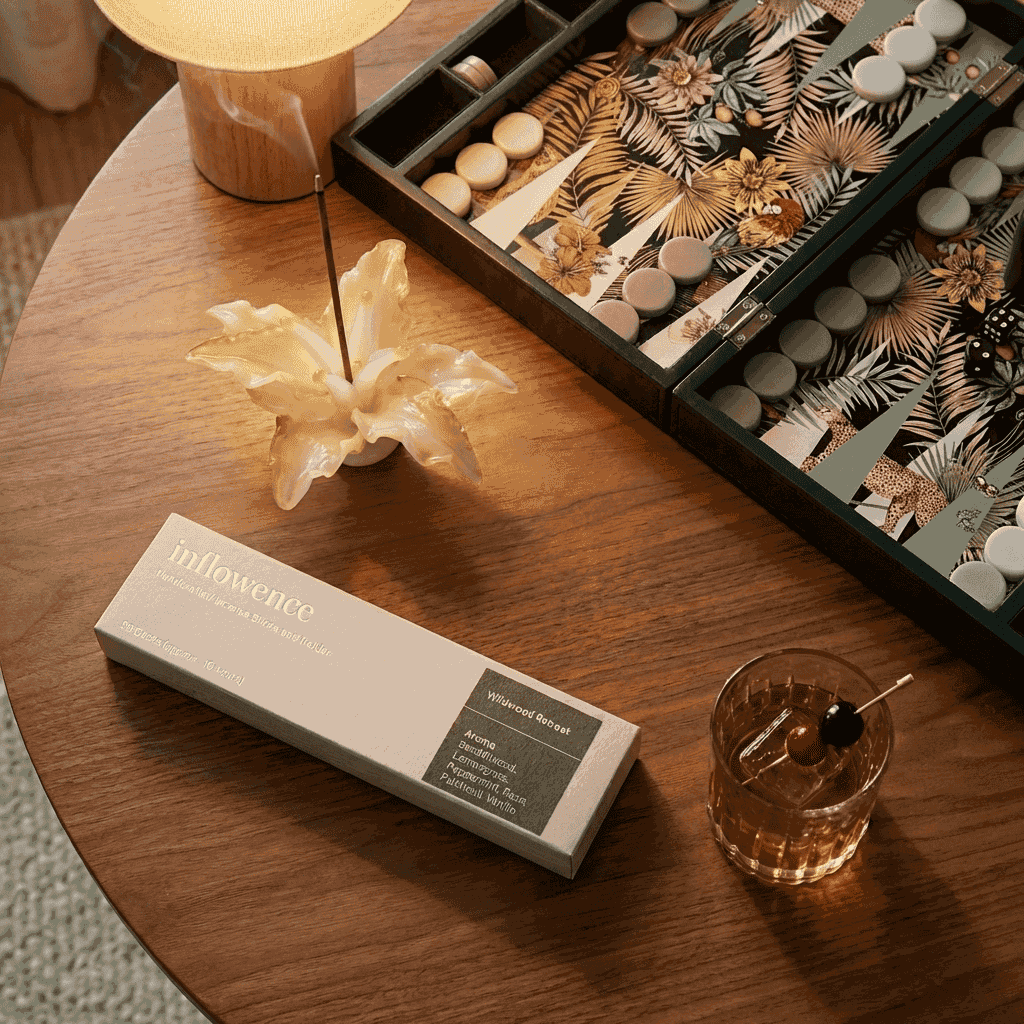 inflowence Lily glass incense holder shaped like a blooming flower holding a burning incense stick, beside Wildwood Retreat incense box on a wooden table in warm ambient lighting