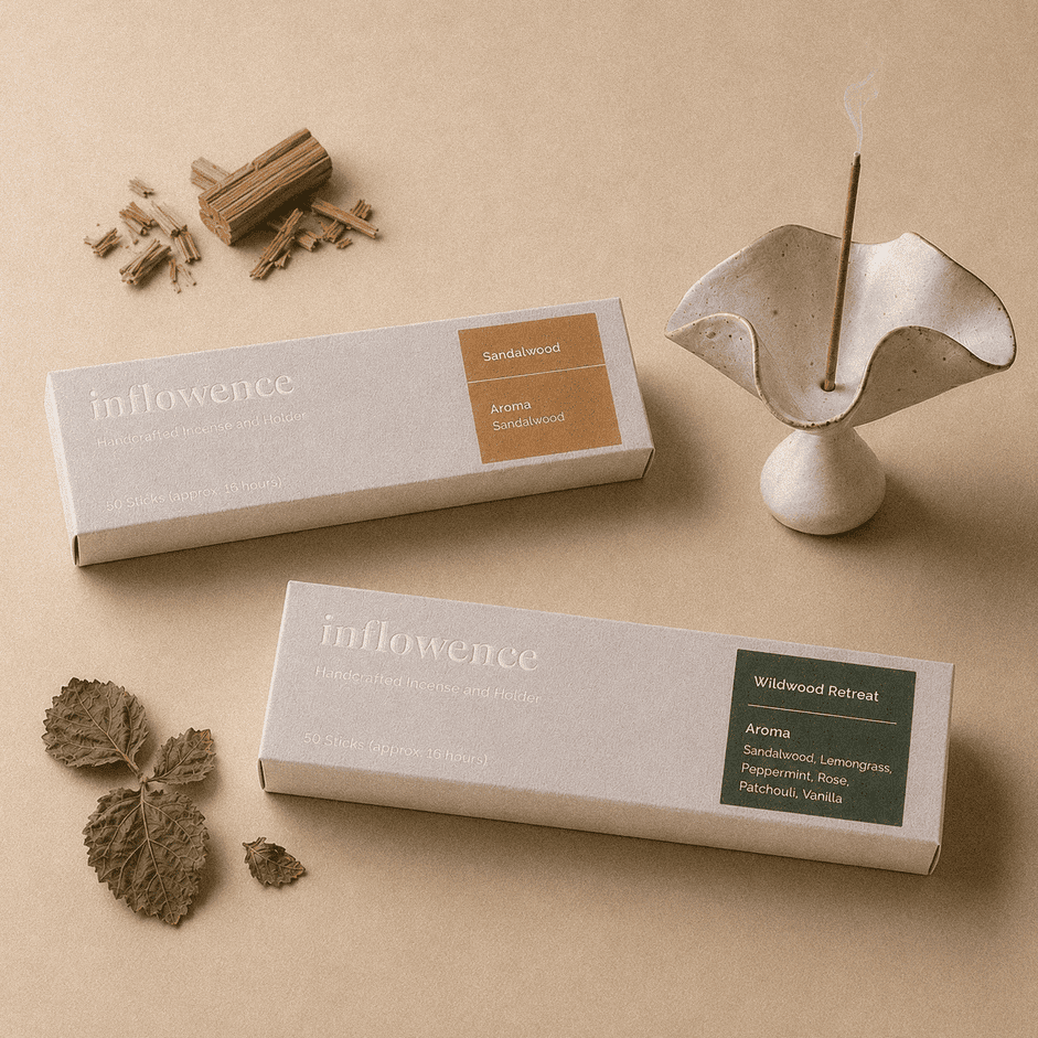 Grounded Duo – Incense & Holder Set featuring patchouli incense named Wildwood Retreat, sandalwood incense named Sandalwood, and a ceramic petal incense holder with a burning incense stick, arranged on a warm beige background with two white incense boxes, sandalwood pieces, and dried leaves, the set is ideal for deep focus, morning grounding rituals, and calm presence for busy minds.
