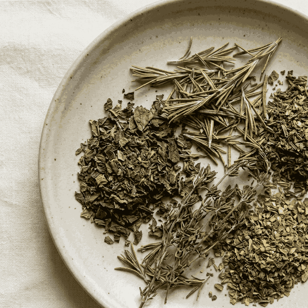 dried herbs used in inflowence incense, including rosemary and crushed botanical leaves arranged on a ceramic plate in soft natural light