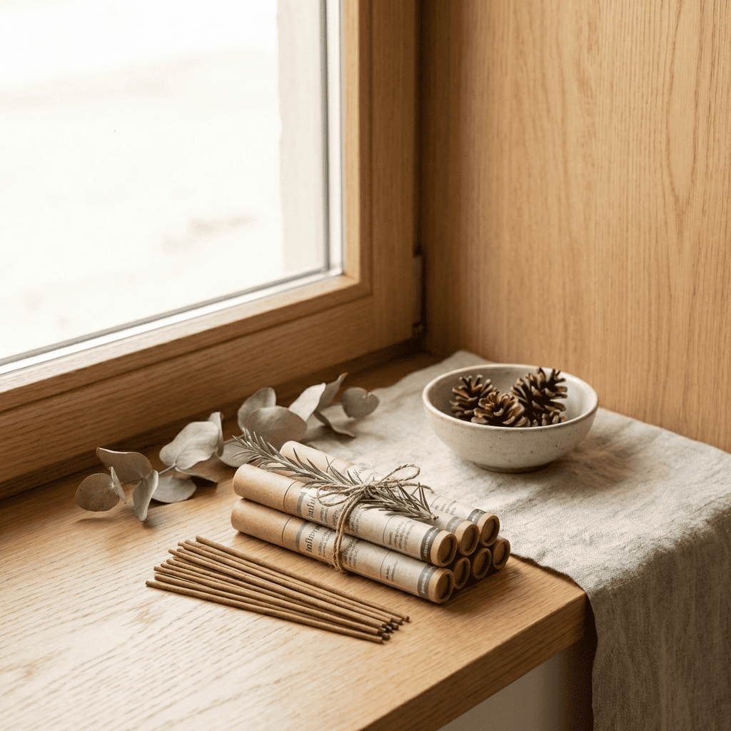 inflowence natural incense sticks arranged on a wooden windowsill with dried botanicals and pinecones, bathed in soft natural light, creating a calm, grounded and earthy atmosphere.