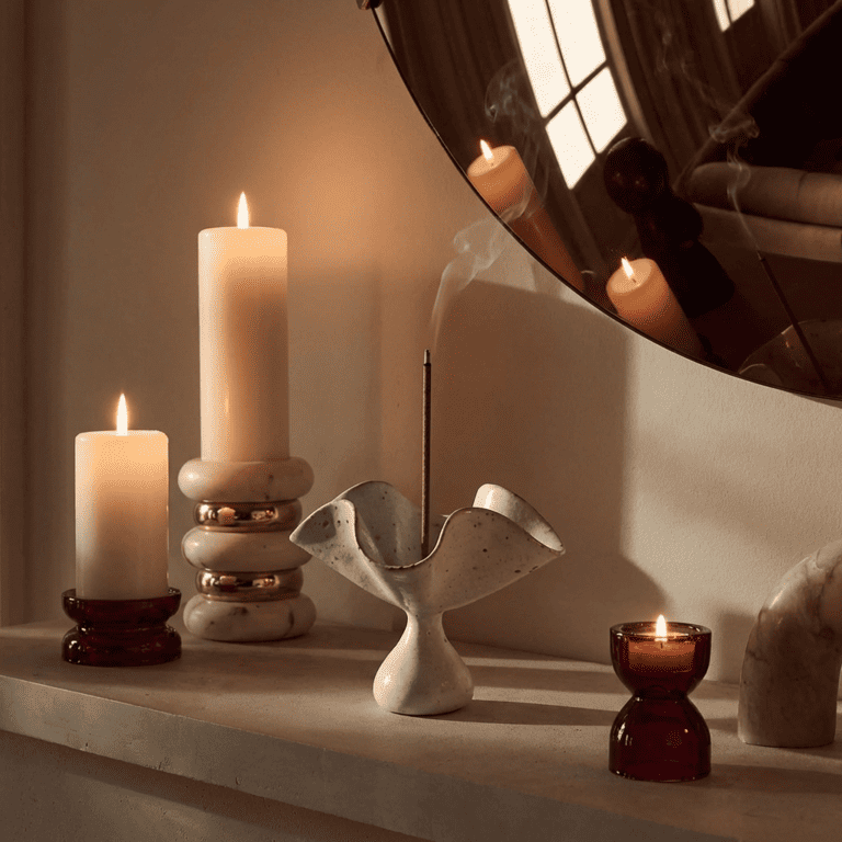 inflowence ceramic petal incense holder with a burning incense stick and soft drifting smoke, surrounded by lit candles in a warm, intimate evening setting with reflective mirror light