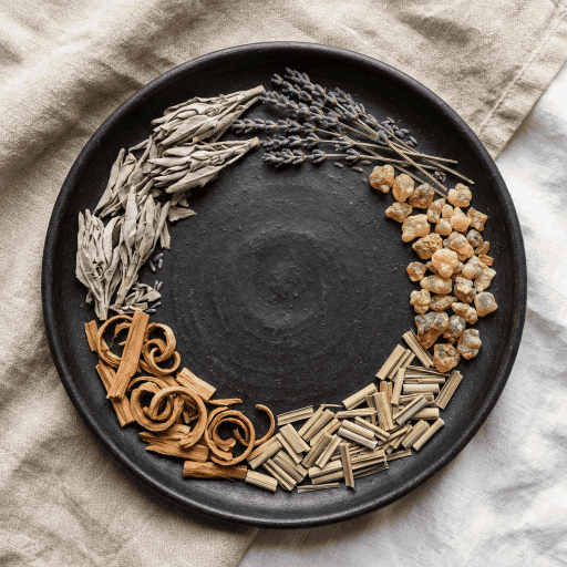 inflowence handcrafted natural incense ingredients displayed on a black plate, featuring dried botanicals, lavender, resins, and wood materials in a calm, earthy composition