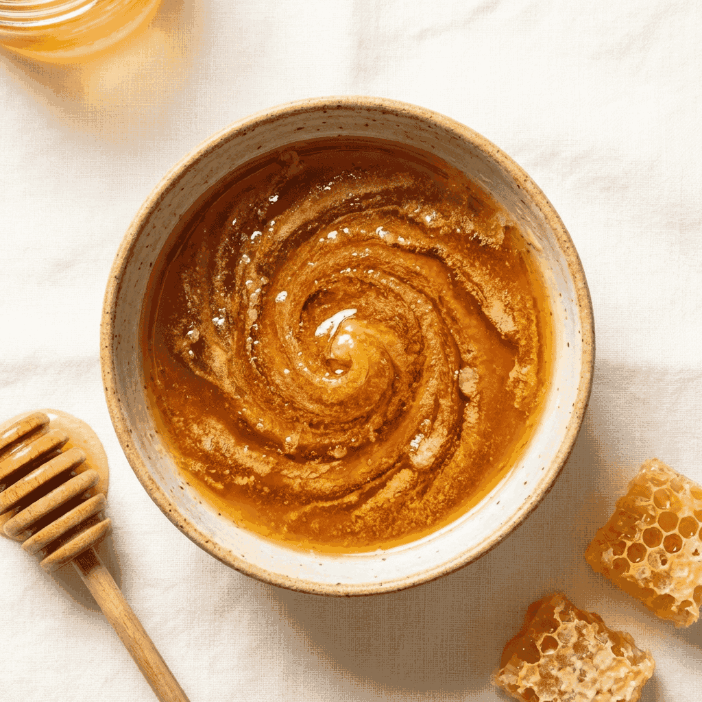 natural honey, an ingredient used in inflowence incense, displayed in a ceramic bowl with honeycomb pieces and a wooden dipper in warm, soft lighting