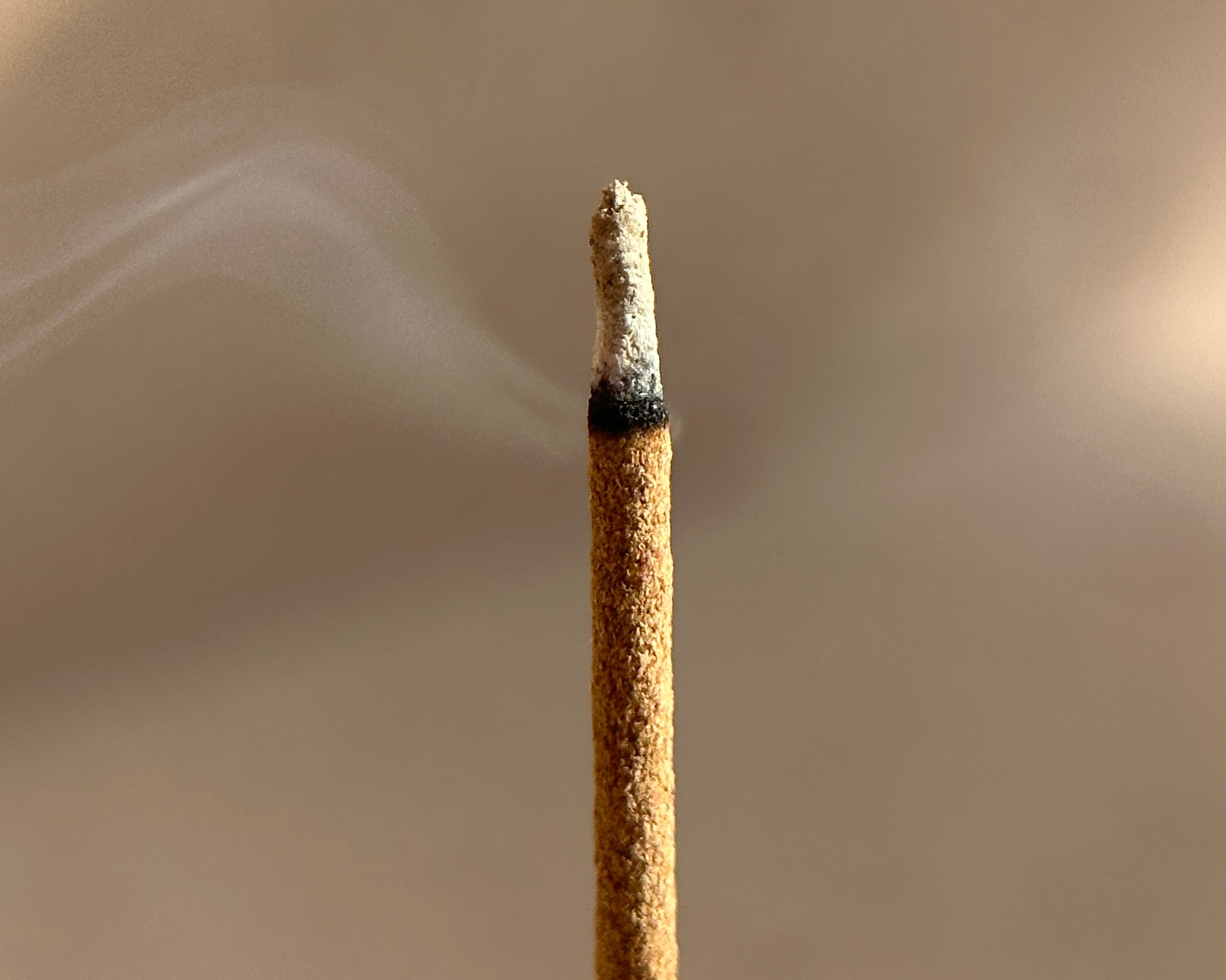Close-up of a burning coreless incense stick, showing a clean, slow burn with soft rising smoke